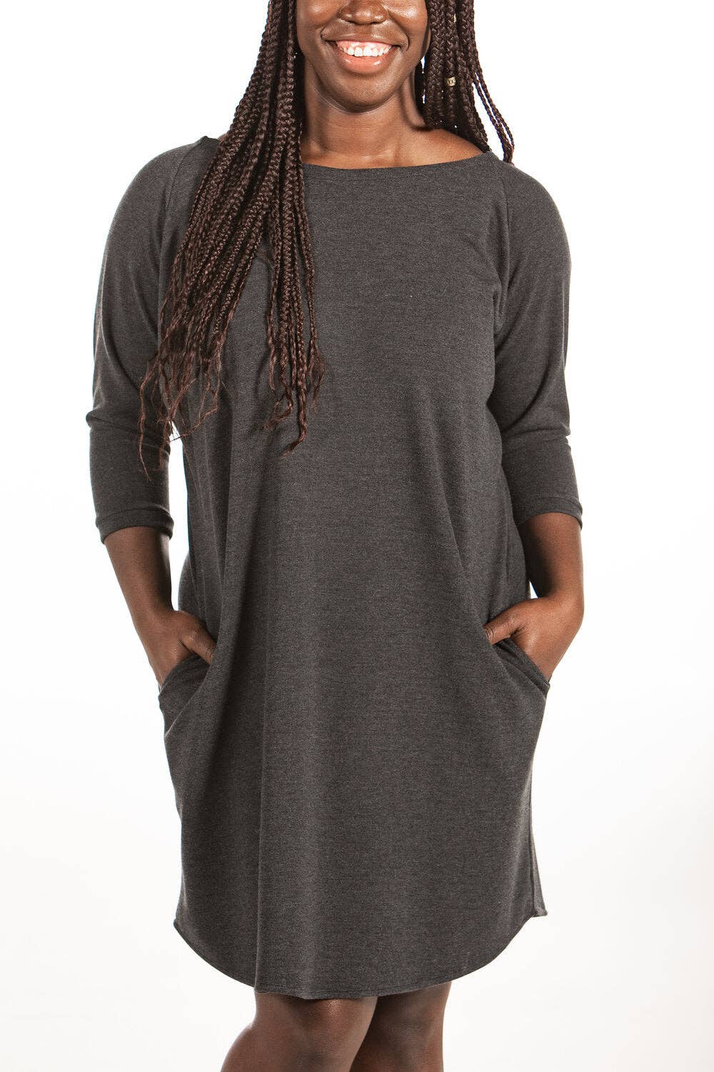 Charcoal Boat Neck Dress with Three Quarter Sleeves and Pockets for wholesale on Faire3