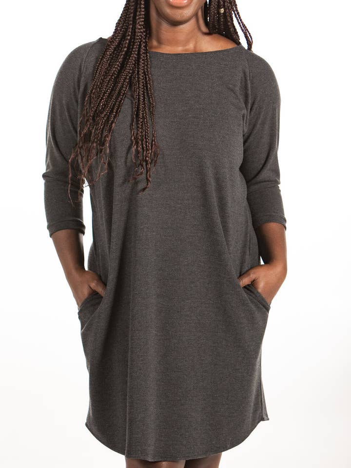 Charcoal Boat Neck Dress with Three Quarter Sleeves and Pockets for wholesale on Faire3