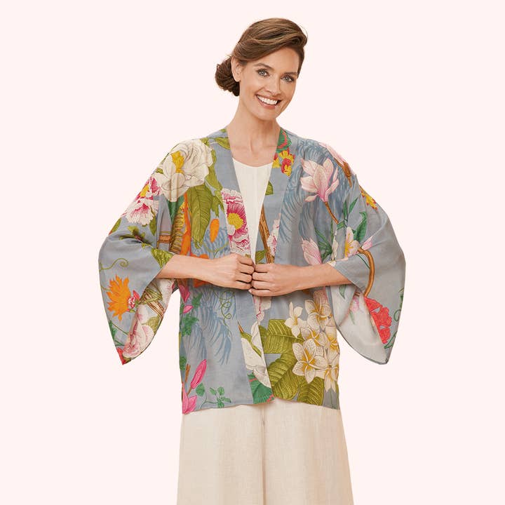 Tropical Flora and Fauna Kimono Jacket in Lavender for wholesale by Powder Design inc - US