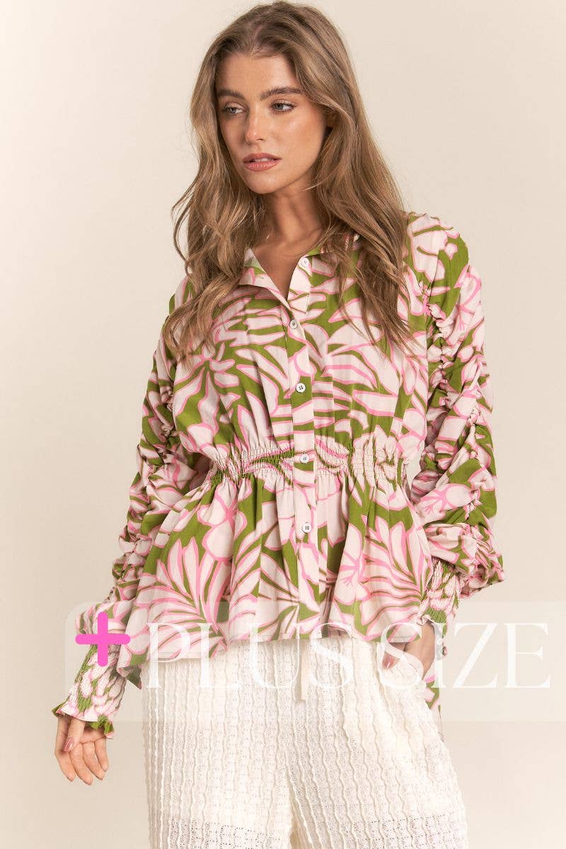 Rosa Verde Top a bottoni asimmetrico con maniche arricciate e stampa floreale taglie forti in vendita all'ingrosso su Faire1
