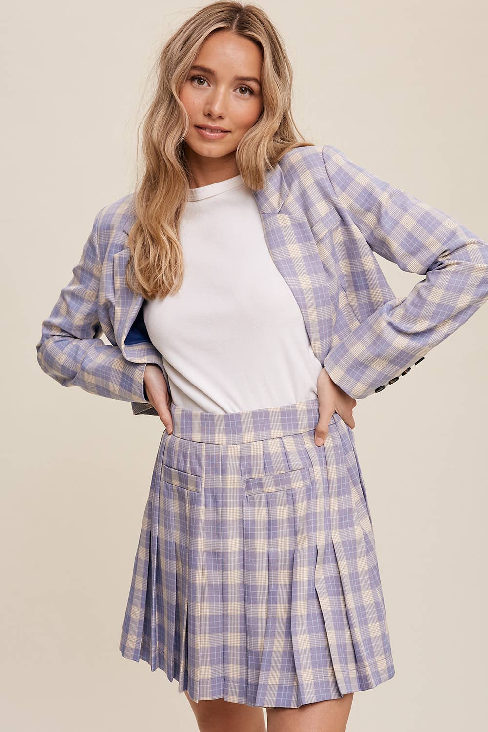 Listicle - Wholesale Top & Short Set (NOT Loungewear) - Women's - Plaid Cropped Blazer & Pleated Skort Set LSET12514