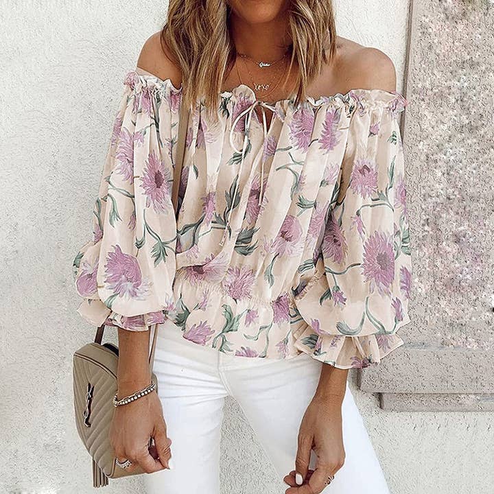 HIDDENBRAND - Wholesale Blouse - Women's - Printed off-the-shoulder chiffon