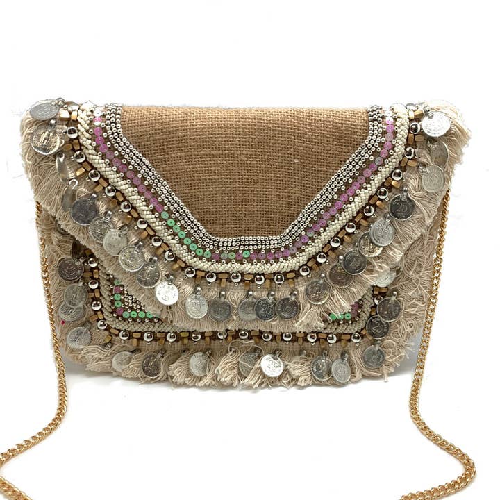 NUDE COIN JUTE BEADED CLUTCH for wholesale by Pizzazz, Inc.