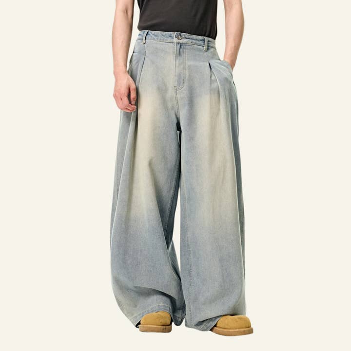 Men's Streetwear Washed Vintage Pleated Wide Leg Jeans for wholesale by particleactive
