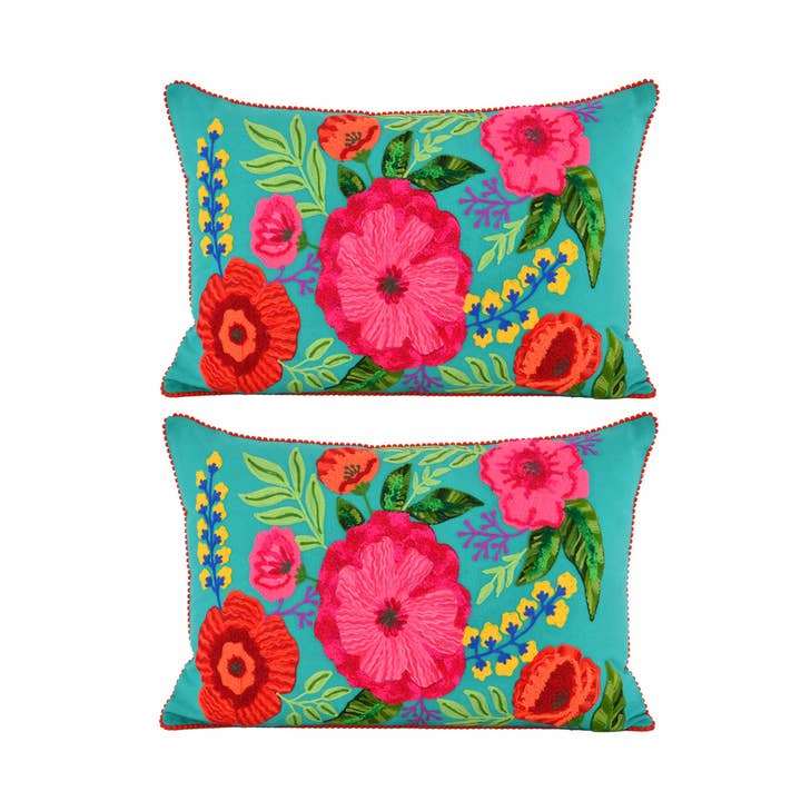 2ABFLCC699_TL SET/2 FLORAL TEAL CANVAS PILLOW 16x24" for wholesale by Karma Living