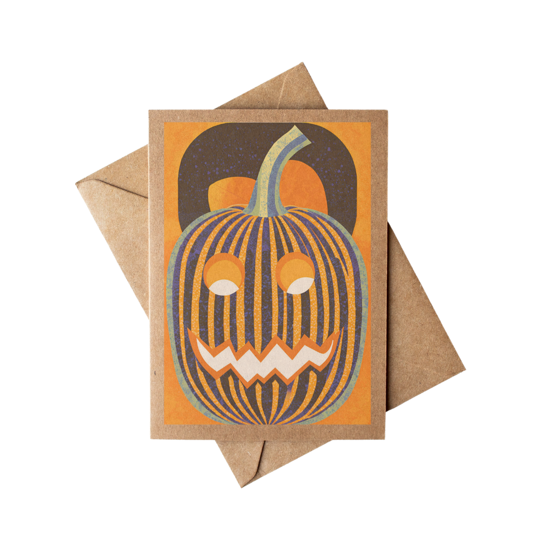 Cryptic Paper Co. – wholesale Halloween card – Geometric Orange & Black Pumpkin Kraft Paper Halloween Card0