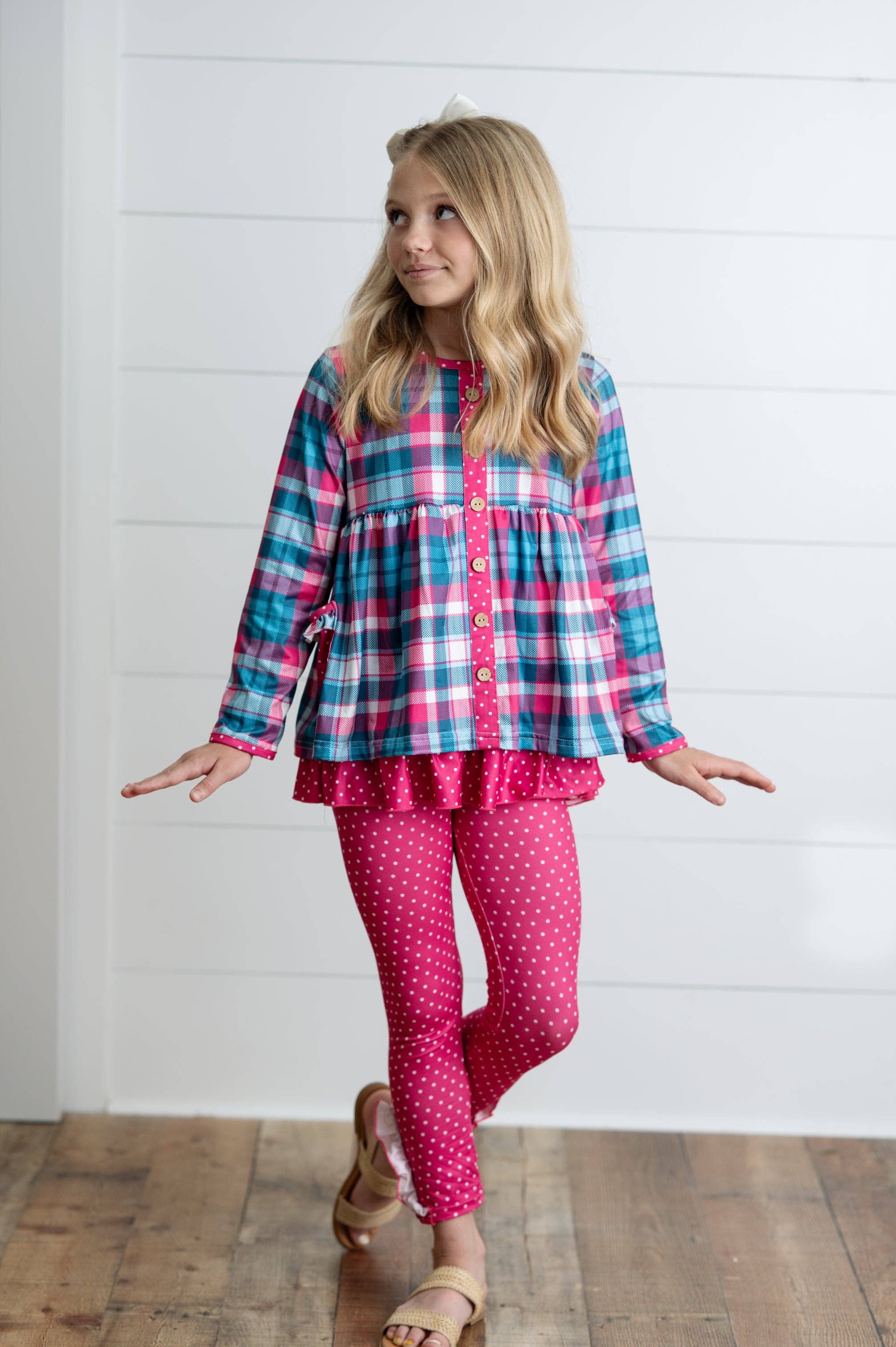 Adorable Sweetness - Wholesale Top & Pant Set - Kids - Girls Hot Pink & Teal Plaid Ruffle Pocket Button Legging Set3