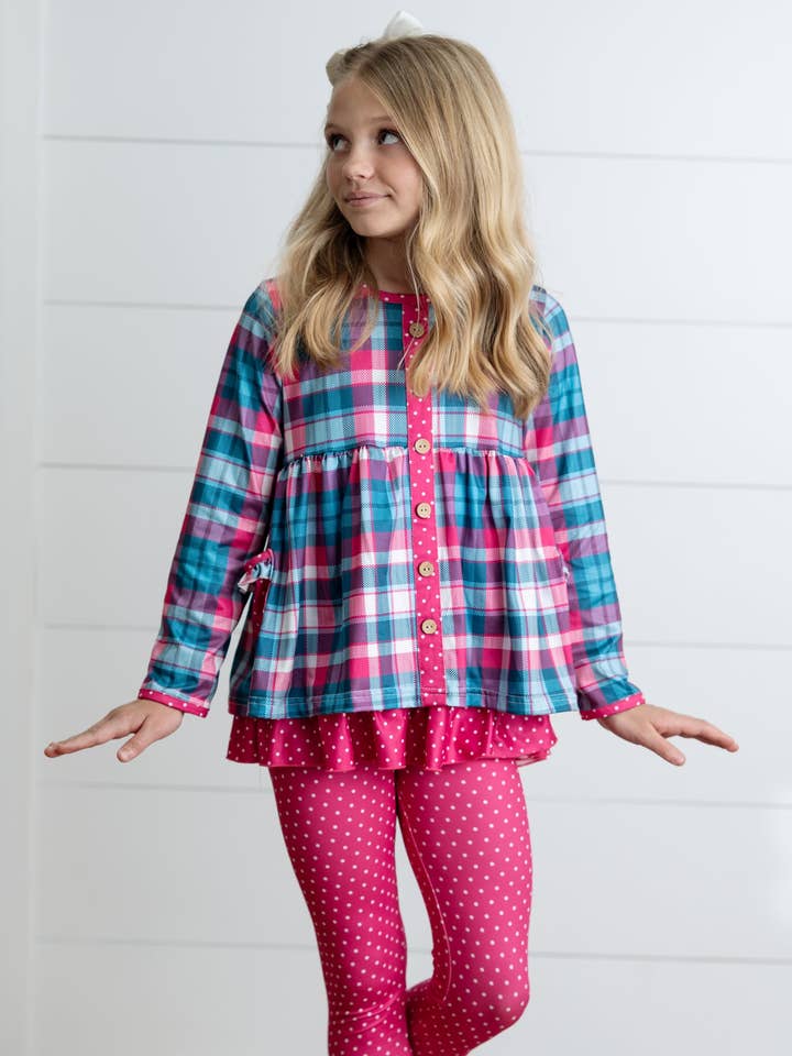 Adorable Sweetness - Wholesale Top & Pant Set - Kids - Girls Hot Pink & Teal Plaid Ruffle Pocket Button Legging Set3