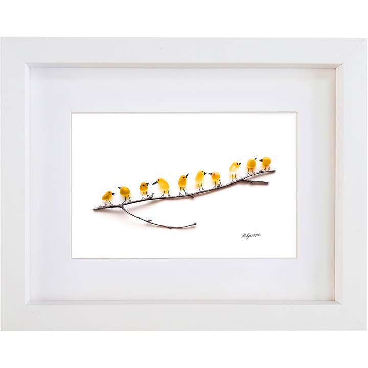 Yellow Birds on Branch Sea Glass Picture Wall Art Decor for wholesale by UrchinArtworks