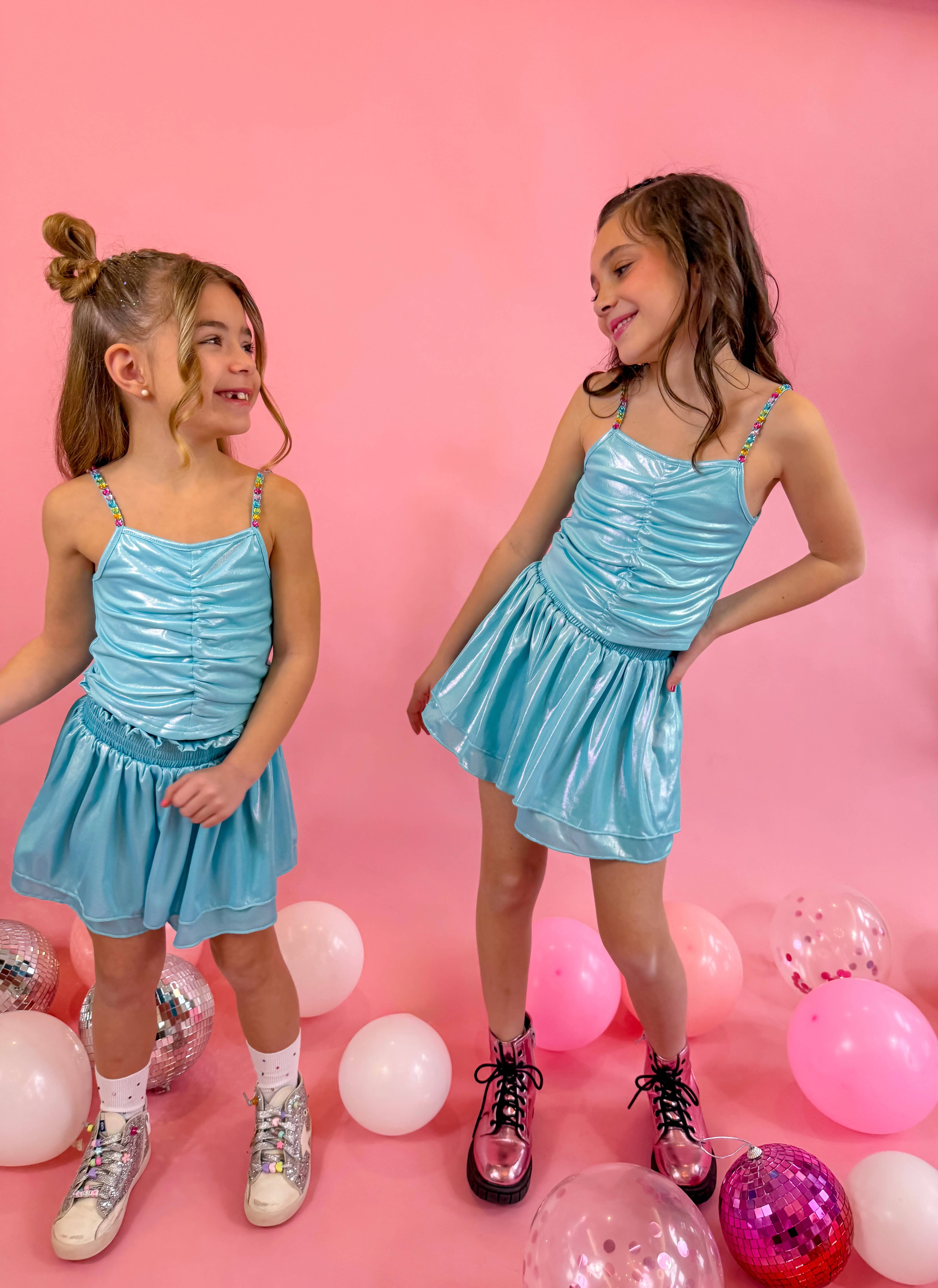 Ellie and Mila - Vente Ensemble haut et jupe – enfant - Ensemble jupe-short bleu métallisé4