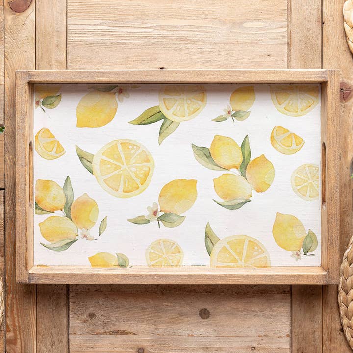 Watercolor Lemons Wooden Serving Tray for wholesale by Rustic Marlin Personalized Home Decor