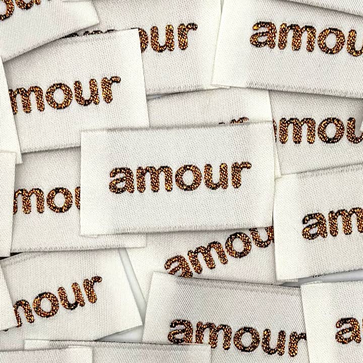Gewebtes Etikett zum Annähen Lurex "AMOUR" Bronze für den Großhandel von L’Étiquette Home Couture