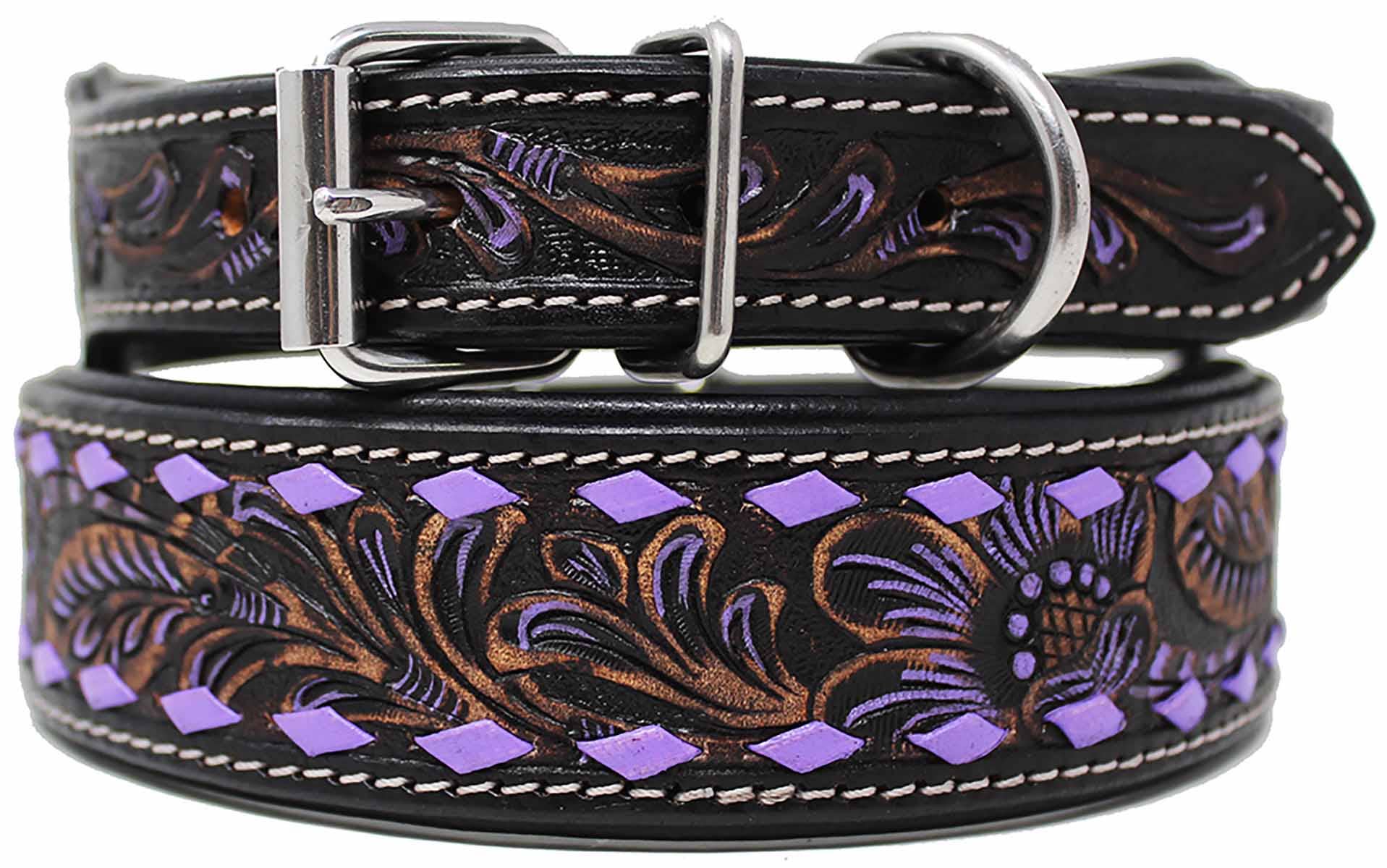 Amish 100% Cow Leather Heavy Duty Padded Floral Tooled Dog Collar Purple 60FK22 for wholesale on Faire1