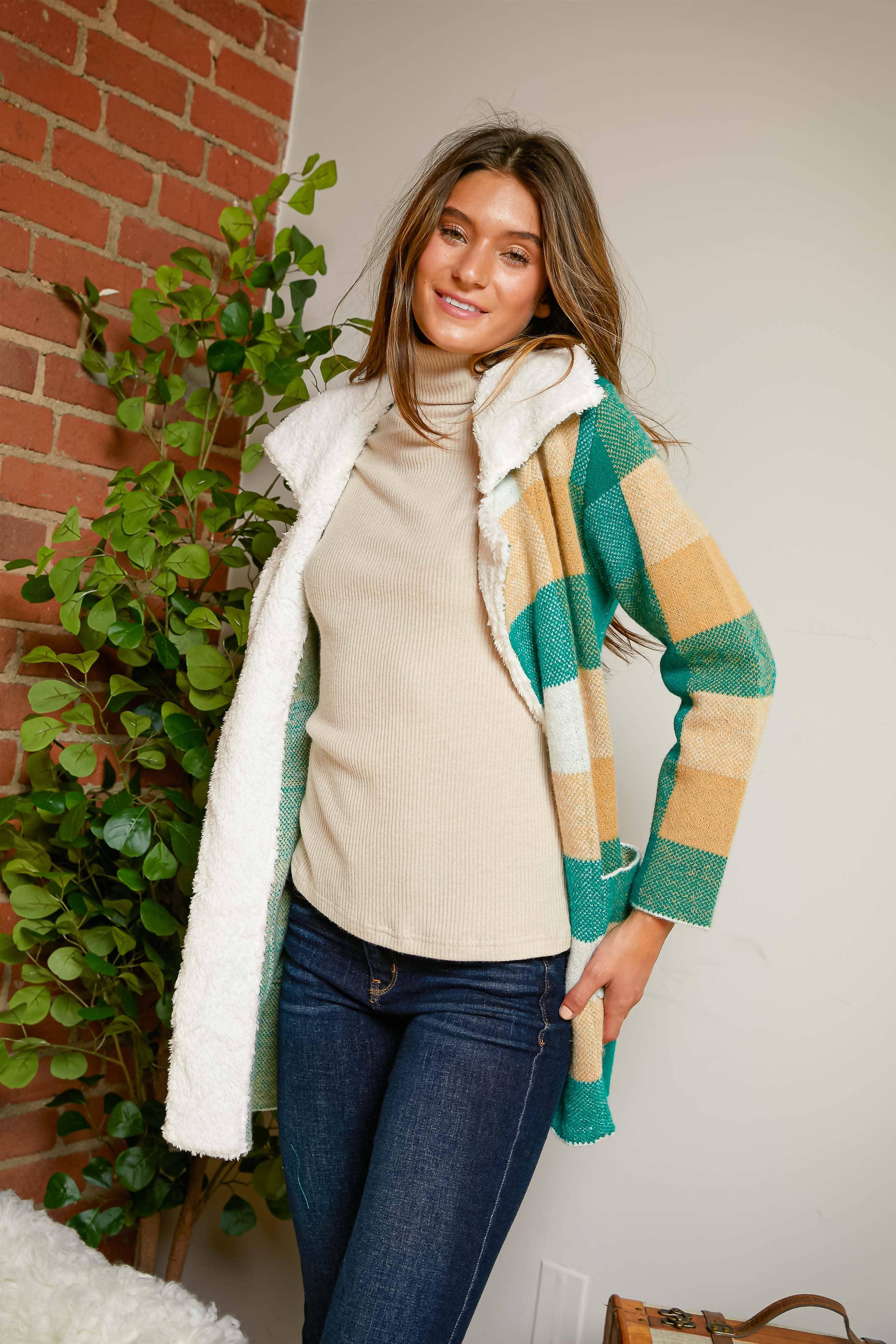 Green Multi PLUS CHECKER FAUX FUR COLLAR JACKET for wholesale on Faire3