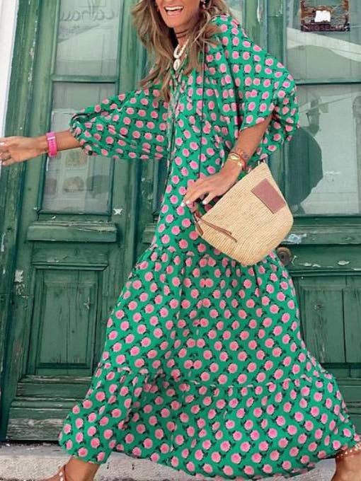 Rosa Clothing - Wholesale Dress - Women's - Bohemia Floral Balloon Sleeves loose flare swing dress