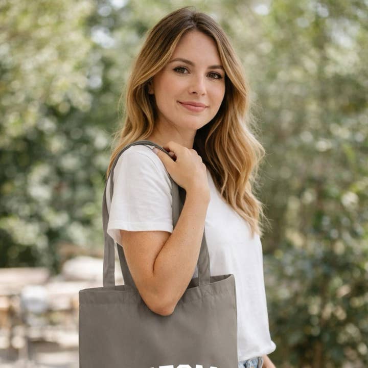 Custom Organic Tote Bag With Any Text in Varsity Style for wholesale by Lovetree Design