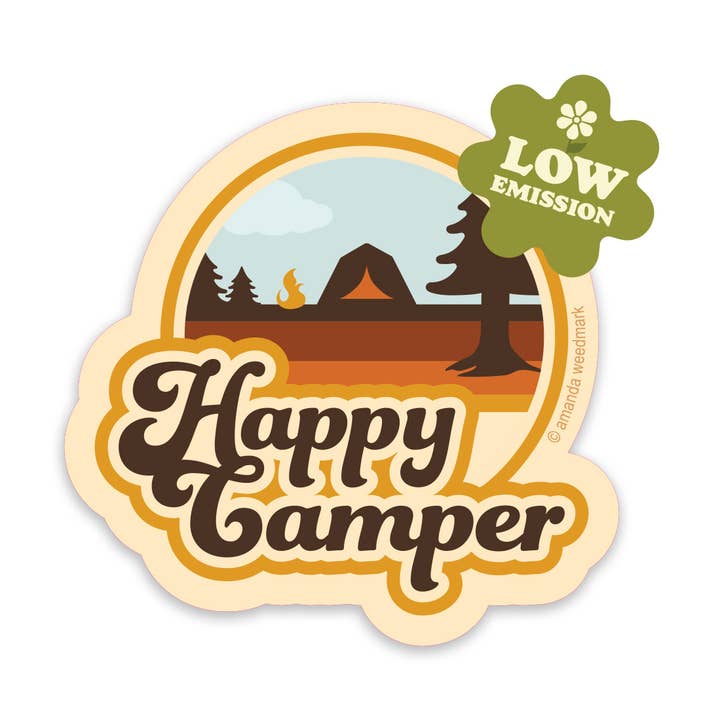 Happy Camper Retro Sticker for wholesale by Amanda Weedmark