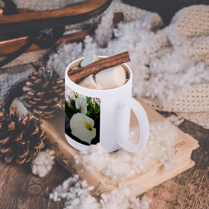 3dRose - Wholesale Coffee Mug - 3dRose, Overhead View Two Calla Lilies In Garden, White colour, trumpet-like shape, Mug11