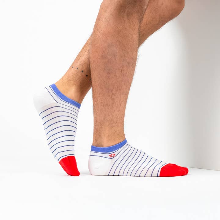 BILLYBELT - Wholesale Socks - Men's - Fine striped ankle socks - White, blue striped1
