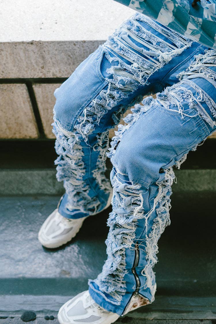 Denim Dawn Damaged Flared Stacked Jeans for wholesale on Faire1