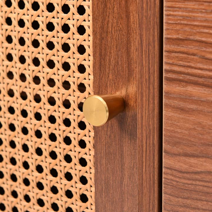 Urban Meuble - Wholesale Cabinet - Walnut wood effect sideboard with 2 doors and 3 rattan drawers, golden legs and handles 150*90*40cm URNO13