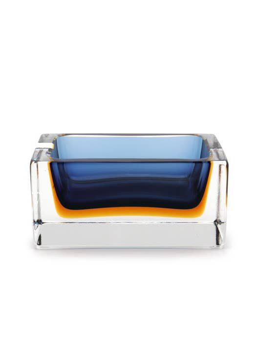 Cobalt+Amber RECTANGULAR Murano Glass Bowl for wholesale by ALESSANDRO MANDRUZZATO TM