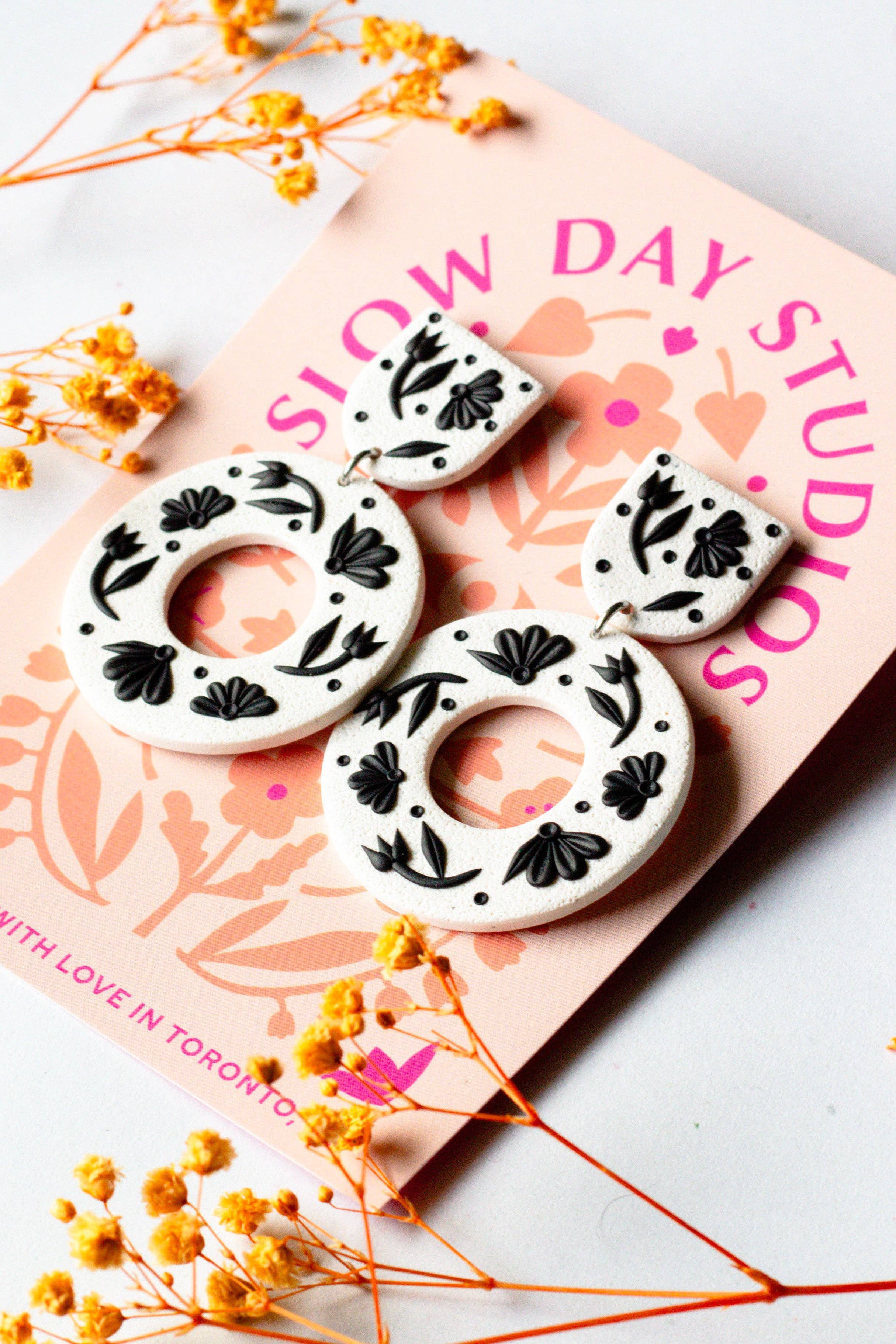 Slow Day Studios - Wholesale Dangle Earrings - Floral Wreath Earrings - Black & White1