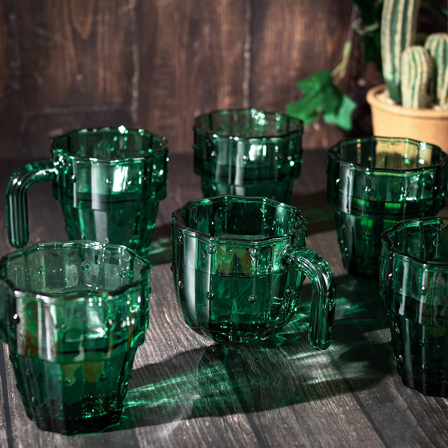 The Wine Savant /  Khen Glassware – wholesale Drinking glass/cup – Cactus Stackable Glasses, Glass Green Cactus Cups - 6 Set6