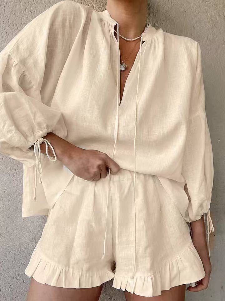 Lily Clothing - Wholesale Top & Short Set (NOT Loungewear) - Women's - COTTON LINEN V-NECK LANTERN SLEEVE SHORTS SUIT9