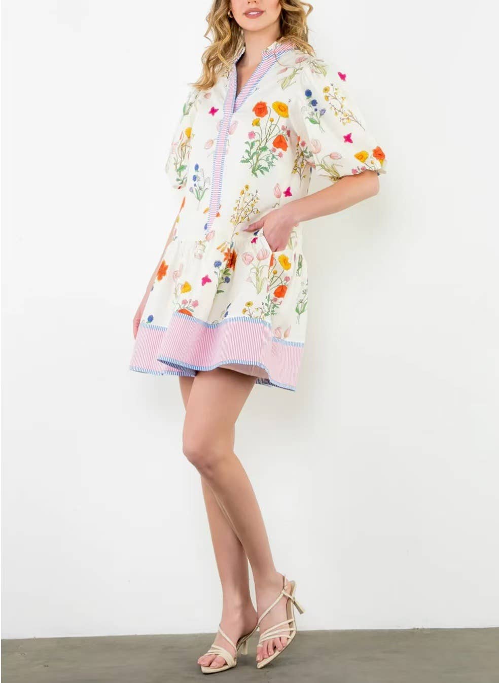 white Marbella Bohemia Floral puff sleeve relaxed midi dress for wholesale on Faire6