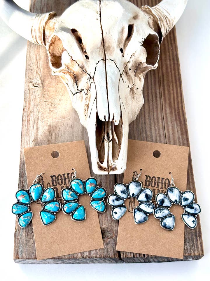 Western Squash Blossom Turquoise Stone Dangle Earrings for wholesale by Boho Ranch Shop