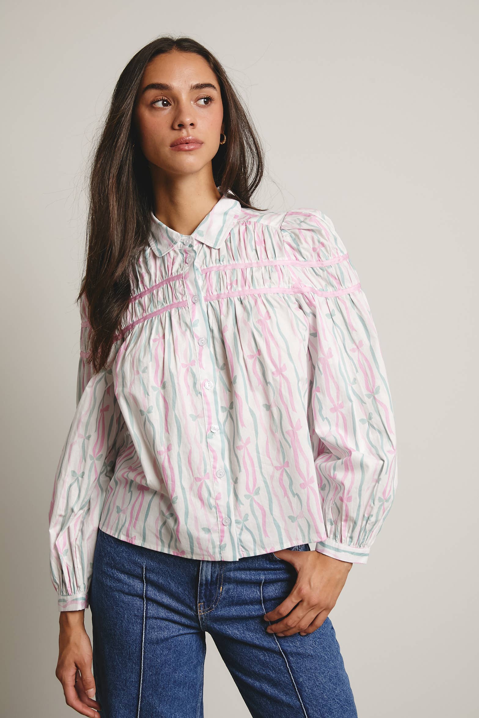 Forte – wholesale Blouse – Women’s – Ribbon Stripe Puff Sleeve Blouse FT000511