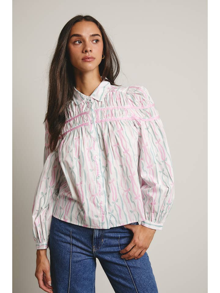 Forte – wholesale Blouse – Women’s – Ribbon Stripe Puff Sleeve Blouse FT000511