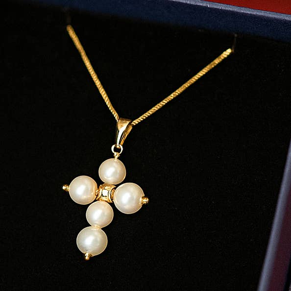 Gold Pearl Cross Necklace for wholesale by Hardcore Italians