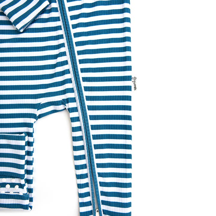 Gigi and Max - Wholesale Jumpsuit - Baby - Cooper Blue Ribbed ZIP Bamboo Striped One Piece 2-Way Zipper4