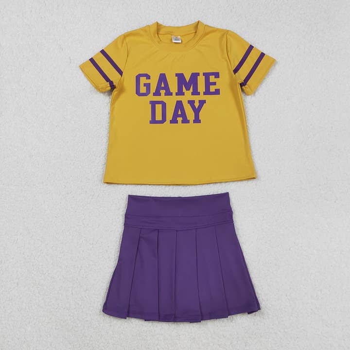 Ensemble de yoga pour bébé filles : haut de cheer jaune pour jour de match et jupe-short violette. pour la vente par Aier Wholesale