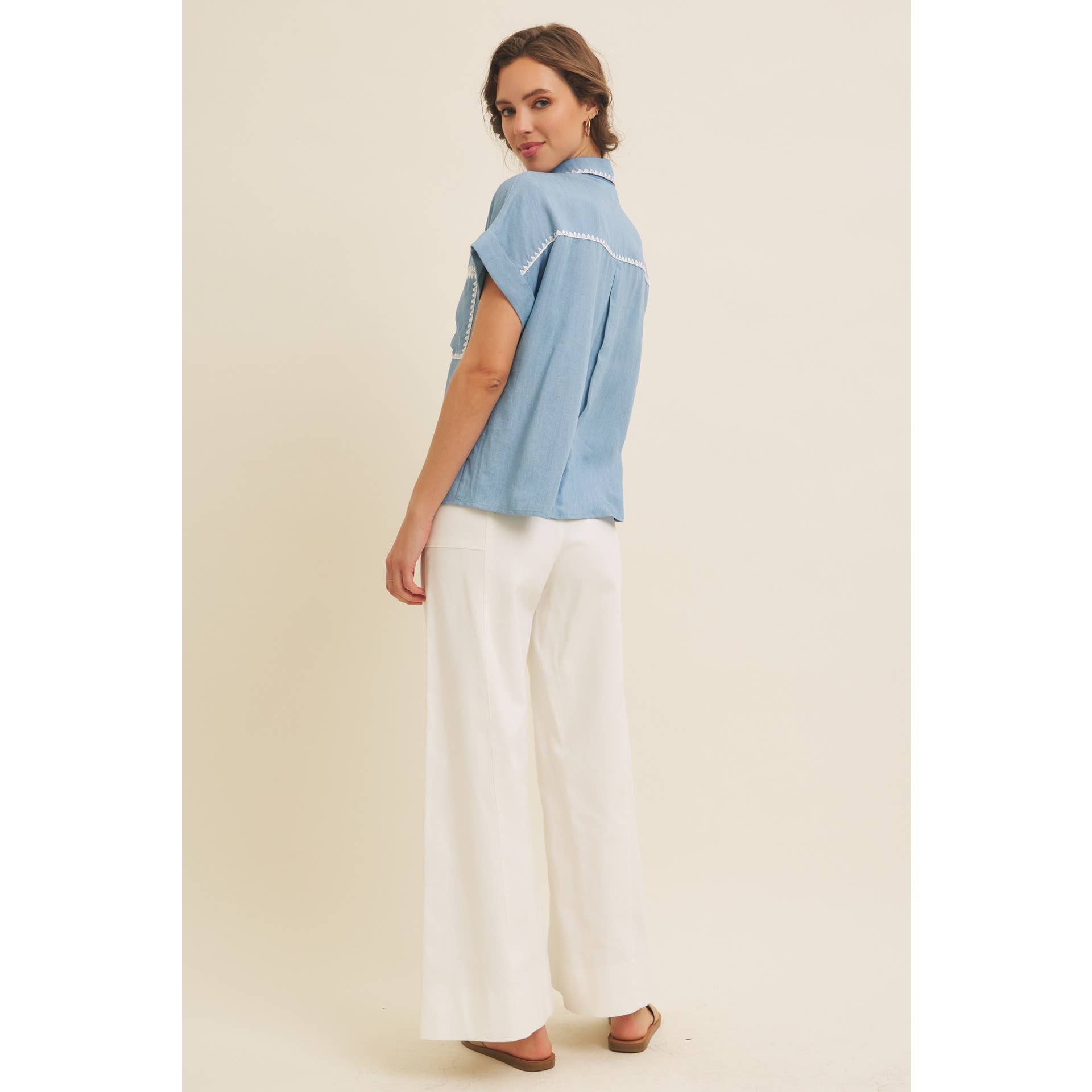 WASHED CHAMBRAY BUTTON-DOWN SHIRT WITH STITCHING for wholesale on Faire13