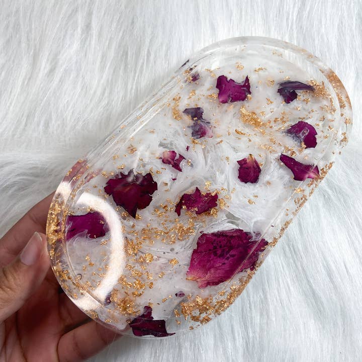 KraftzbyKenzie - Wholesale Jewellery dish - Rose Petal Trinket Trays, White Swirls, Gold Foil, Red Roses