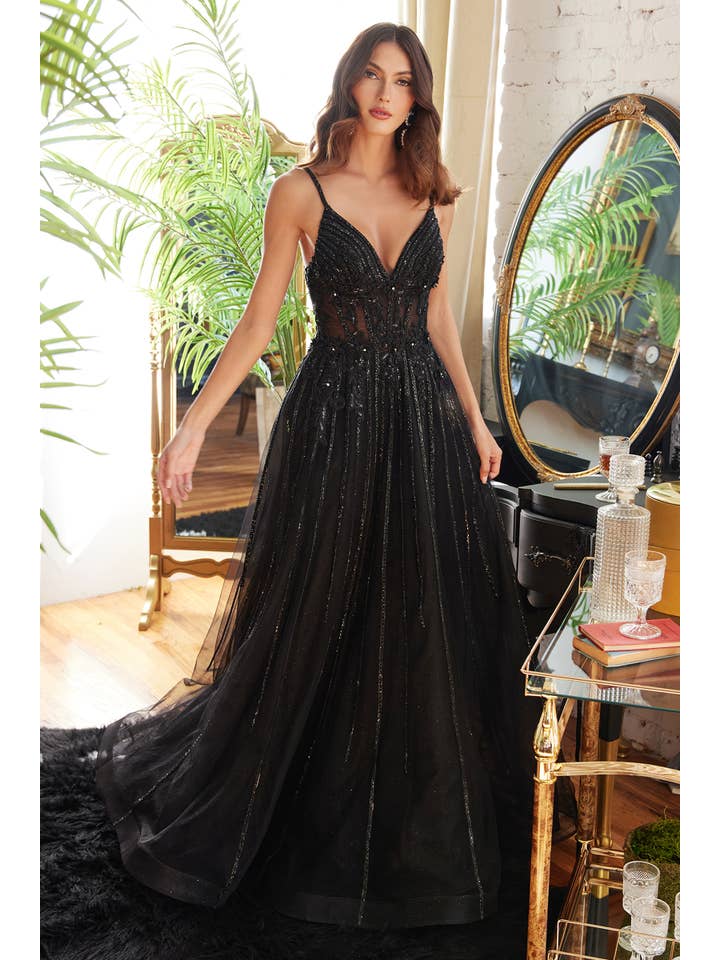 Ladivine by Cinderella Divine - Wholesale Gown - Women's - A-LINE BEADED GOWN WITH LACE DETAIL