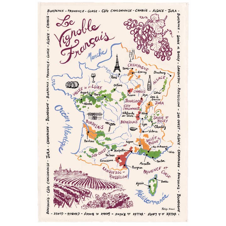 Tea towel La Carte Des Vins De France Brown 72 X 48 for wholesale by Maison Vivaraise & La Cerise sur le Gâteau