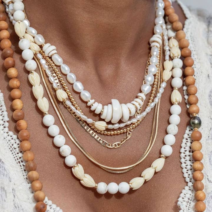 Ke Aloha Jewelry - Wholesale Beaded/Pearl Necklace - Gold Puka Shell Pearl Bead Necklace - Maka