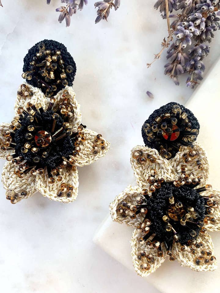 Audrey Beaded Dangle Statement Earrings Black & Beige for wholesale by Seyyah