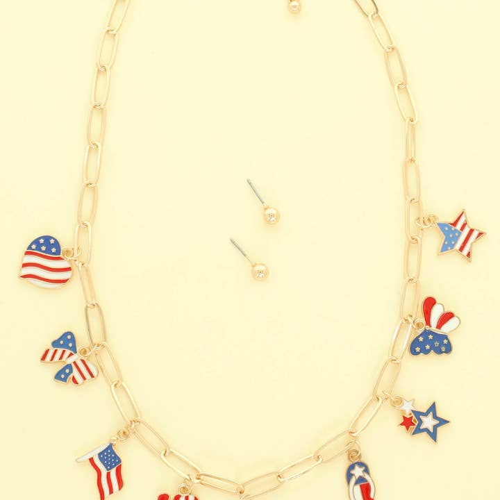 Americana Flag Theme Charm Necklace & Earring Set for wholesale by SP Sophia Collection