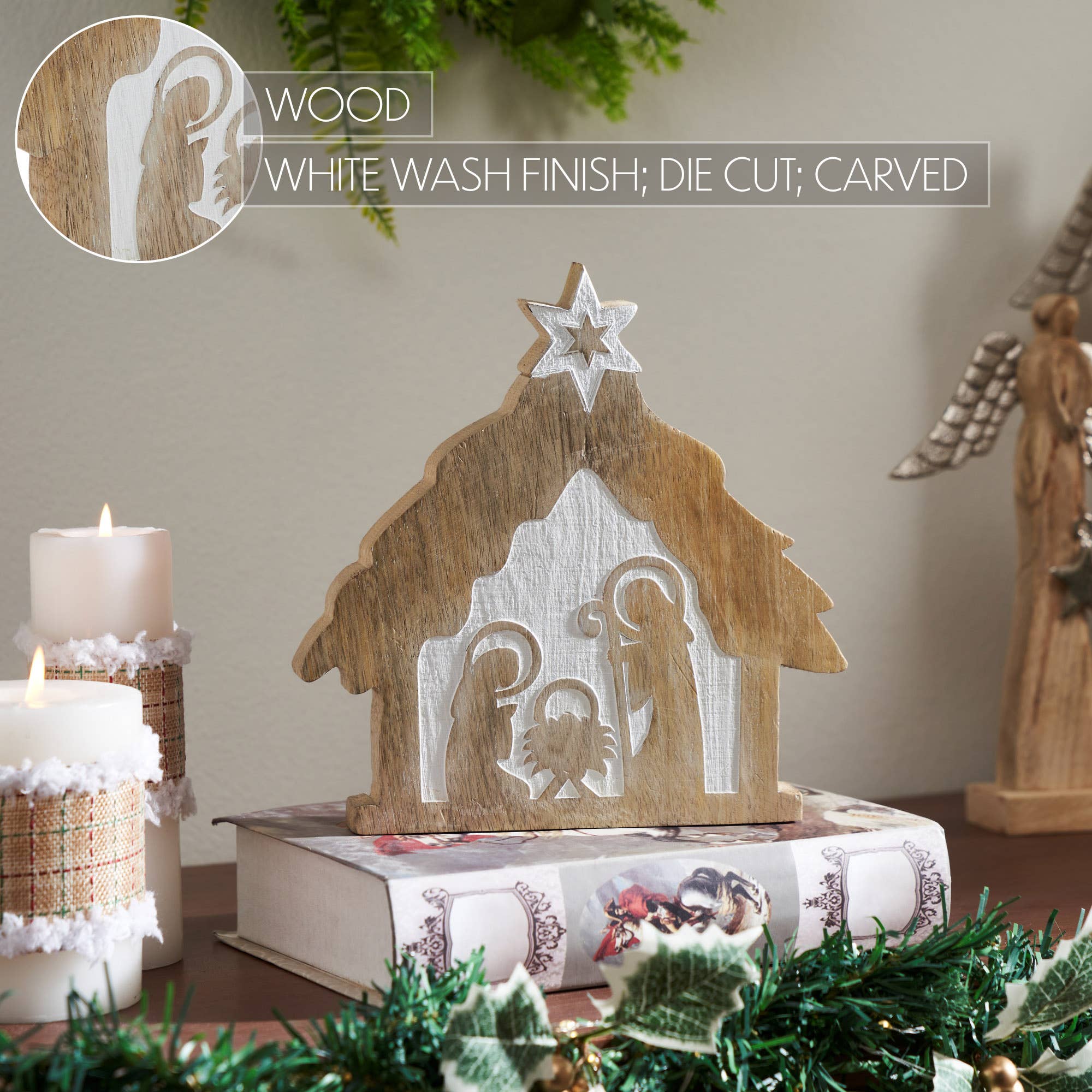VHC Brands - Wholesale Decorative Tabletop Object - Star of Bethlehem Natural Wooden Nativity Scene 8x8x13