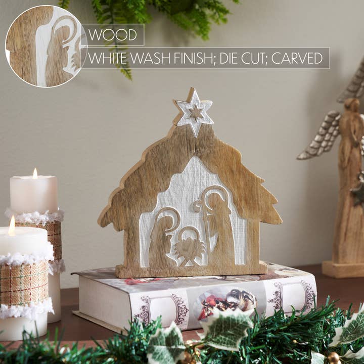 VHC Brands - Wholesale Decorative Tabletop Object - Star of Bethlehem Natural Wooden Nativity Scene 8x8x13