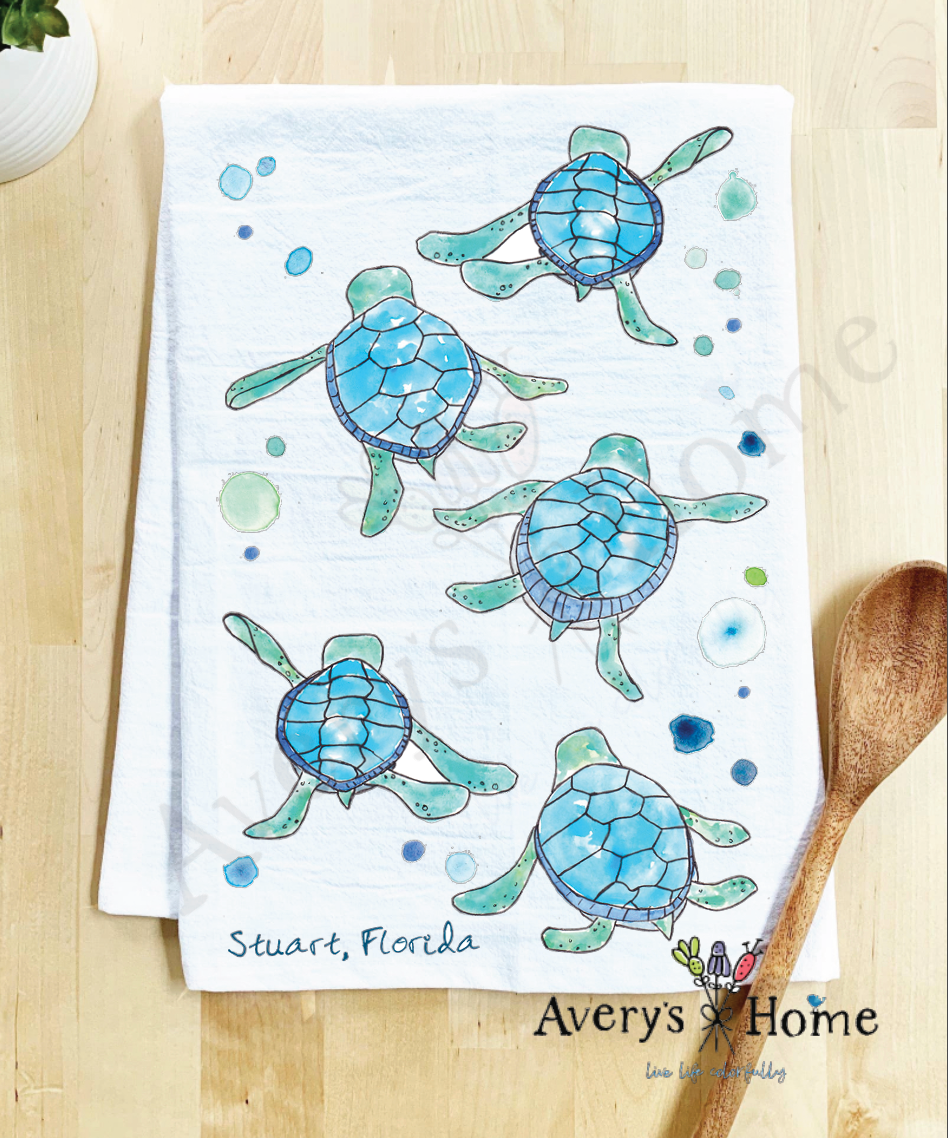 Avery's Home - Vente Torchons - Serviette de cuisine personnalisable avec adorables bébés tortues marchant sur la côte37