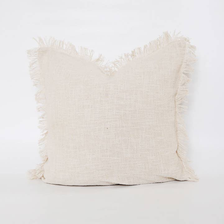 Cozy Prairie Linens Co. - Wholesale Throw Pillow Cover - Signature Woven Ivory Slub Fringed Pillow Cover