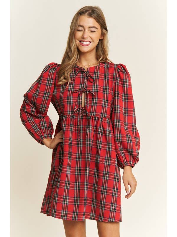 Pink Irene Wholesale - Wholesale Dress - Women's - SOFT PLAID WOVEN FABRIC BABYDOLL BOW MINI DRESS