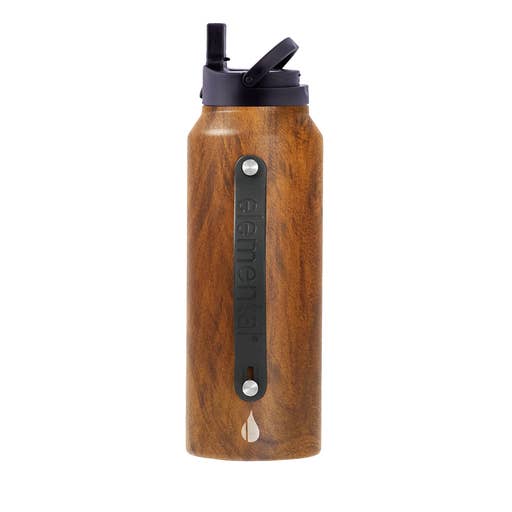 Ikonische isolierte Sportflasche mit Deckel und Riemen 32oz - Teakholz für den Großhandel von Elemental