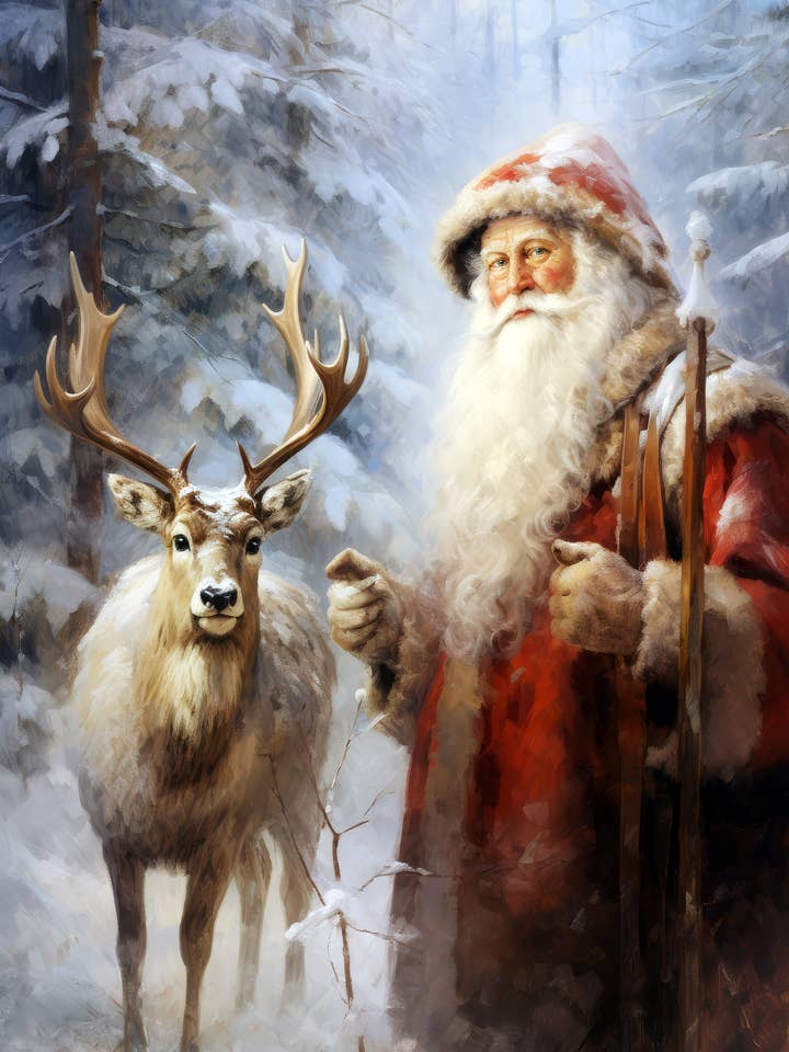Classic Christmas Santa and His Reindeer 5 for wholesale by Singing Crow Studio - Classic Christmas Art Prints